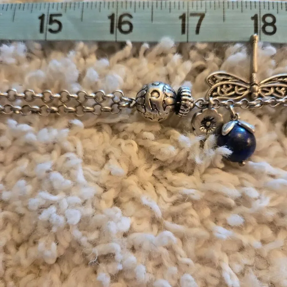 Chico's Long Charm Necklace Silver & Blue Stone
